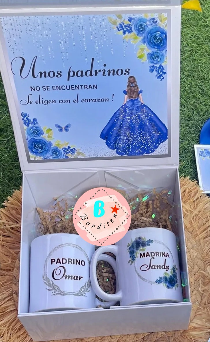 Caja con 2 taza madrina y padrino, quinceañera