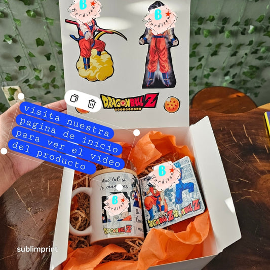 Caja con taza de goku y milk, más cuchara y tapa, más una cartera modelo 001