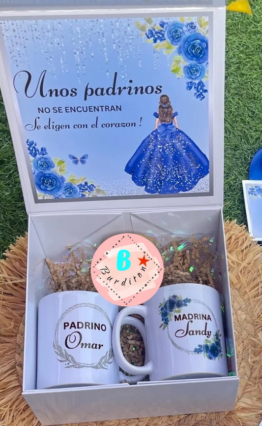 Caja con 2 taza madrina y padrino, quinceañera