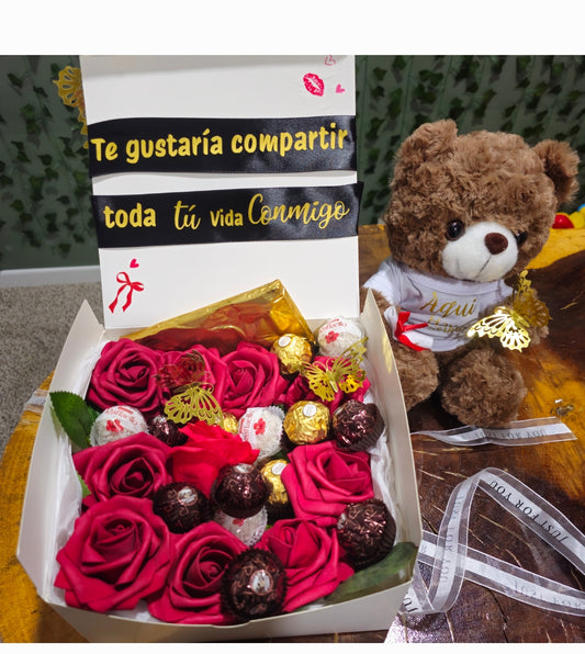 Caja con rosas, chocolates y oso